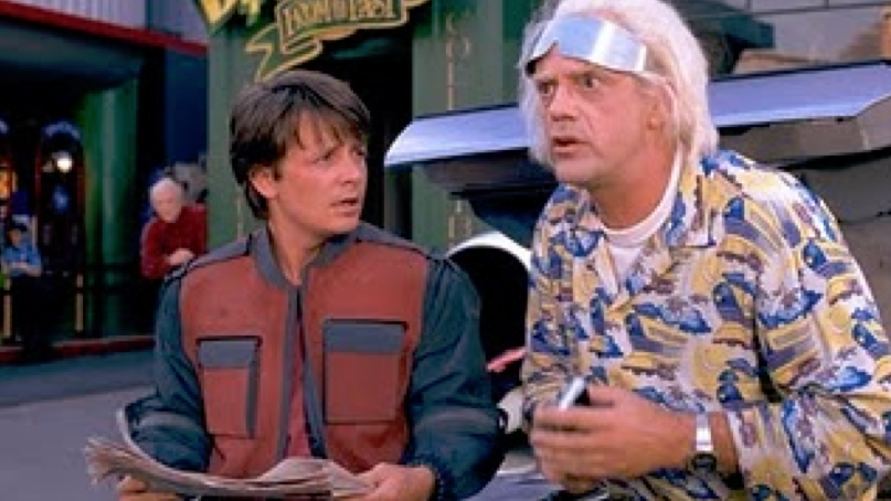 Doc Brown in Back to the Future II wearing stainless steel blindfold mentalism magic